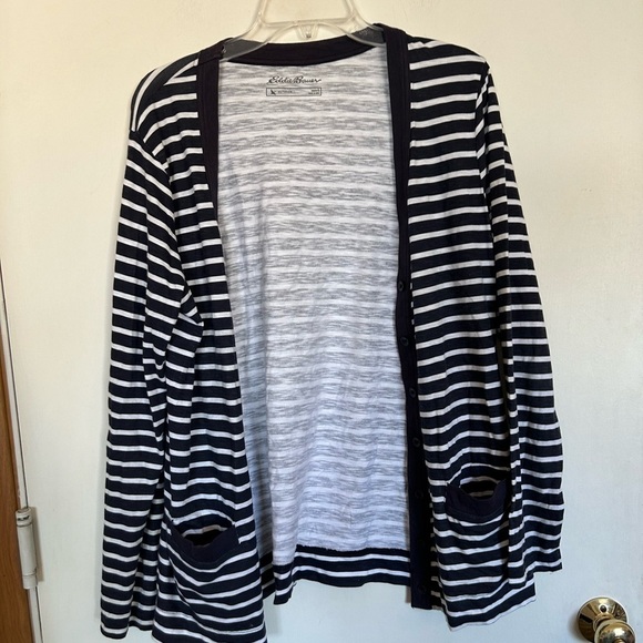 Eddie Bauer, large 100% cotton, navy blue and white striped. Nautical cardigan - Picture 5 of 8